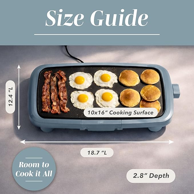 COOK WITH COLOR Electric Griddle 1200W, Nonstick Surface for Pancakes, Burgers, Eggs & More, Removable Temperature Control, Slide-Out Drip Tray, 10" x 16" Cooking Area, Slate Blue