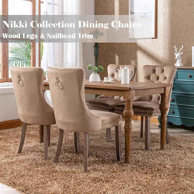 Upholstered Dining Chairs Set of 4, Velvet Dining Room Chairs with Back Ring Pull Trim and Solid Wood Legs, Tufted Wingback Kitchen Chair Perfect for Dining Room,Living Room,Kitchen(Khaki)