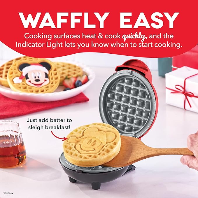 Disney Dash Mickey Mouse Santa Mini Waffle Maker - Electric Waffle Maker for Creative, Homemade Treats - Features Built-In Cord Wrap & Pre-Heating Indicator Light