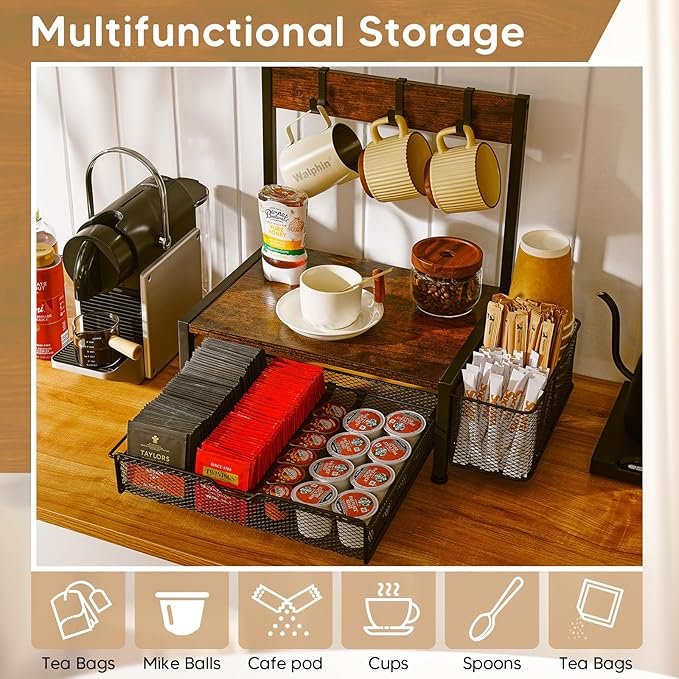 Poyilooo Coffee Bar Organizer with K Cup Holder,Coffee Pod Drawer Holder for 24 Pod Capacity, Storage Drawer with Dispoable Cups & Lids Holder, Coffee Bar Station Organier for Countertop, Kitchen