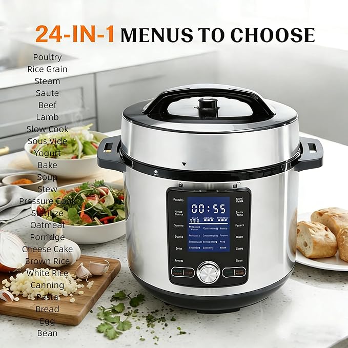 Simple Deluxe 6.34Qt 24-in-1 Electric Multi Cooker, Stainless Steel Pressure Cooker with Non-Stick Pot, Ideal for Slow Cook, Steam, Rice, Bake, Porridge, Meat & Poultry, Dishwasher Safe, Silver
