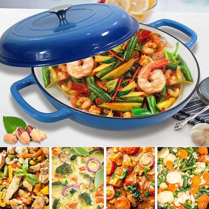 Enameled Cast Iron Dutch Oven Braiser, 3.8 Quart Enamel Skillet Pot with Lid - Heavy Duty and Dual Handles, Oven Safe Frying Pan for Family or Friends Gifts, Blue