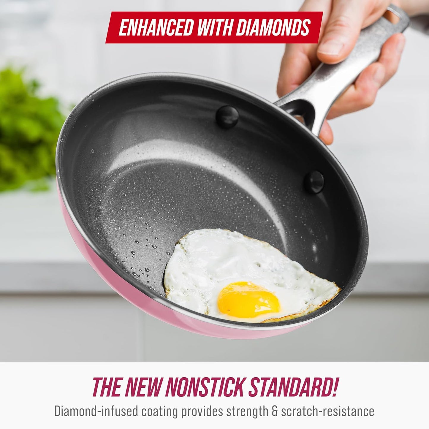 Blue Diamond 8" Nonstick Frying Pan Skillet, Diamond Infused PFAS & PTFE-Free Ceramic Pot, Dishwasher & Oven Safe, Stay Cool Handle, Durable Non Toxic Metal Utensil Safe, Egg & Omelet Pan, Pink