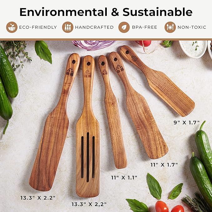 Spurtle Set, Teak Spurtle Spatula Set of 5 - Spurtles Kitchen Tools Wooden – Non Stick Cookware for Serving, Stirring, Mixing, Scraping, Scooping By Woodenhouse