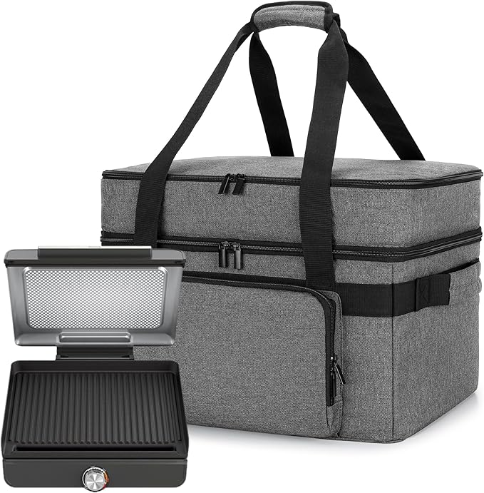 LUXJA Indoor Grill Carrying Bag with Bottom Pad Compatible with Ninja Sizzle GR101 Smokeless Grill, Double Layer Electric Grill Bag with Plates Section (Bag Only), Gray