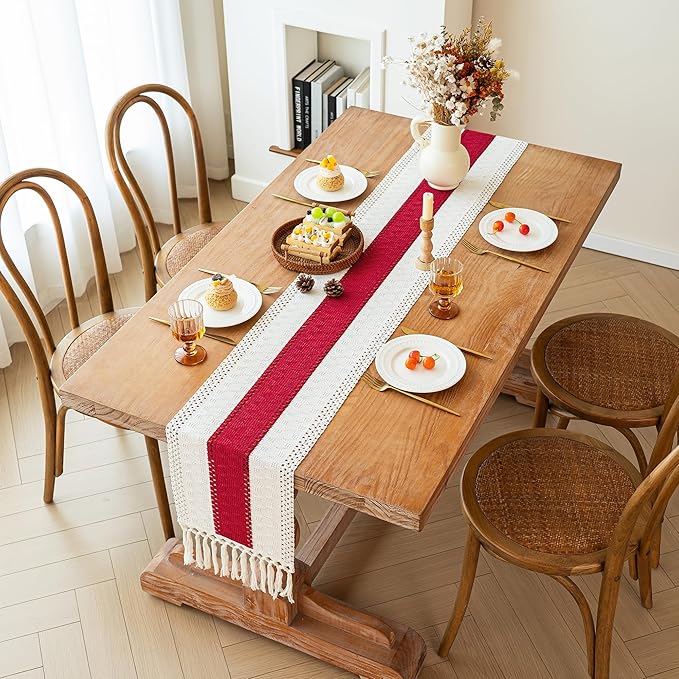 FEXIA Christmas Table Runner for Home Decor with Tassels 72 Inches Long Farmhouse Red Rustic Boho Table Runner Macrame Burlap Table Decoration for Living Room Bridal Shower(12x72 Inches)