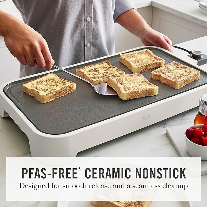 Martha Stewart 12” x 22” Electric Griddle, XL Ceramic Nonstick Flat Top Cooking Surface, Adjustable Temperature Dial, Drip Tray, Dishwasher Safe, 1500W Fast Even Heating, Pancakes & Eggs, Linen White