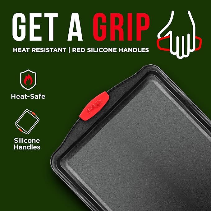 Nonstick Cookie Sheet Pan Carbon Steel Oven Tray Sheet Pan with Red Silicone Handles -large Bakeware Pan Tray with Gray Coating Inside & Outside (Pack of 2)