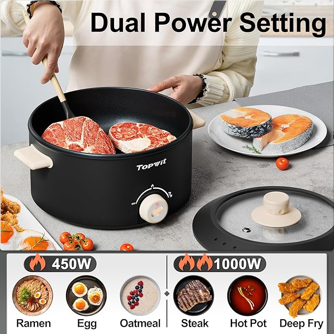 TOPWIT Hot Pot Electric, 4L Electric Pot with Non-Stick Coating, Dual Power Electric Cooker for Deep Frying, Steak, Pasta, Multi-Functional Large Capaity Shabu Shabu Pot for Party, Dark Black