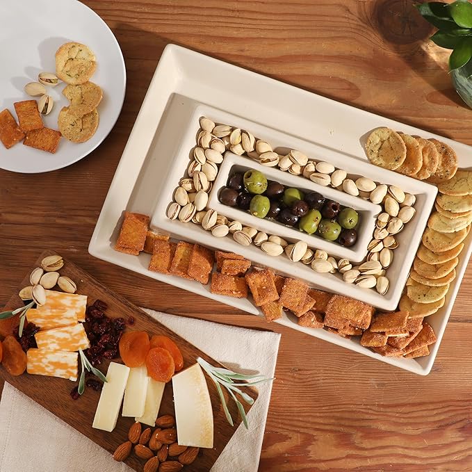 Gibson Elite 3-Section Stoneware Serving Tray with Acacia Lid – Taupe Rectangular Chip & Dip, Condiment, Snack and Appetizer Server for Parties & Entertaining