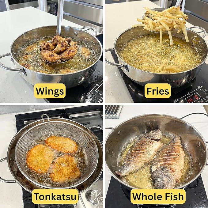 Saltlas 4.4Qt/4.2L Deep Fryer Pot with Basket and Strainer Spoon, 304 Stainless Steel Fish Frying Pot for Seafood, Chicken, French Fries, Japanese Tempura