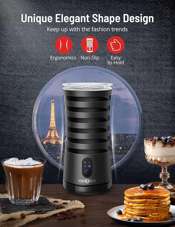 Milk Frother, PARIS RHÔNE 4-in-1 Automatic Coffee Frother, 240ml, 400w, Non-Slip Stylish, Hot & Cold Electric Milk Warmer with Temperature Control, Auto Shut-Off for Coffe, Latte, Cappuccino