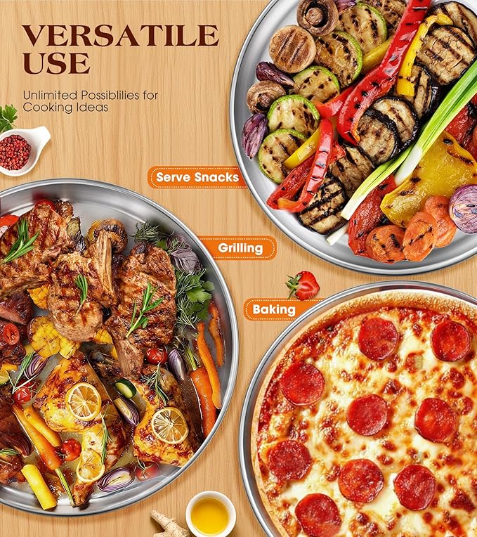 13½ Inch Stainless Steel Pizza Pan Set of 2, Pizza Pan for Oven, Steel Pizza Tray for Baking Cookie Pie Cake, Round Stainless Steel Pizza Plate Pizza Baking Sheet, Easy Clean & Dishwasher Safe