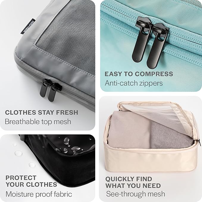 Aerotrunk Compression Packing Cubes for Travel - Luggage Organizer Bags - Double Zipper Packing Cubes for Suitcases (4-Pack, Teal)