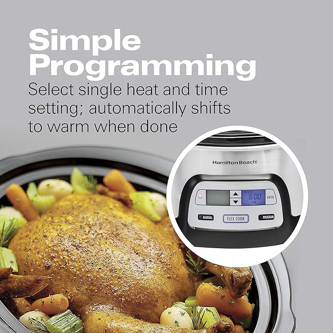 Hamilton Beach 33861 Portable Programmable Slow Cooker, Dishwasher Safe Crock, 6 Qt, FlexCook Dual Digital Timer/2 Heat Settings, Lid Lock for Easy Travel, Silver