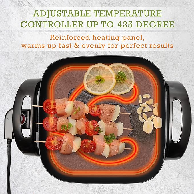 Moss & Stone Square Nonstick Electric Skillet With Lid, Aluminum 12x12 Inch Electric Frying Pan 5Qt, Nonstick Cooking Surface, Adjustable Temperature Control, Vented Glass Lid, Heat-Resistant Handle
