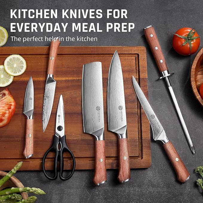 YOTSUBA 8 PCS Japanese Kitchen Knife Set with Block, Professional Ultra Sharp High Carbon Stainless Steel Chef Knives, Ergonomic Natural Rosewood Handle for Kitchen