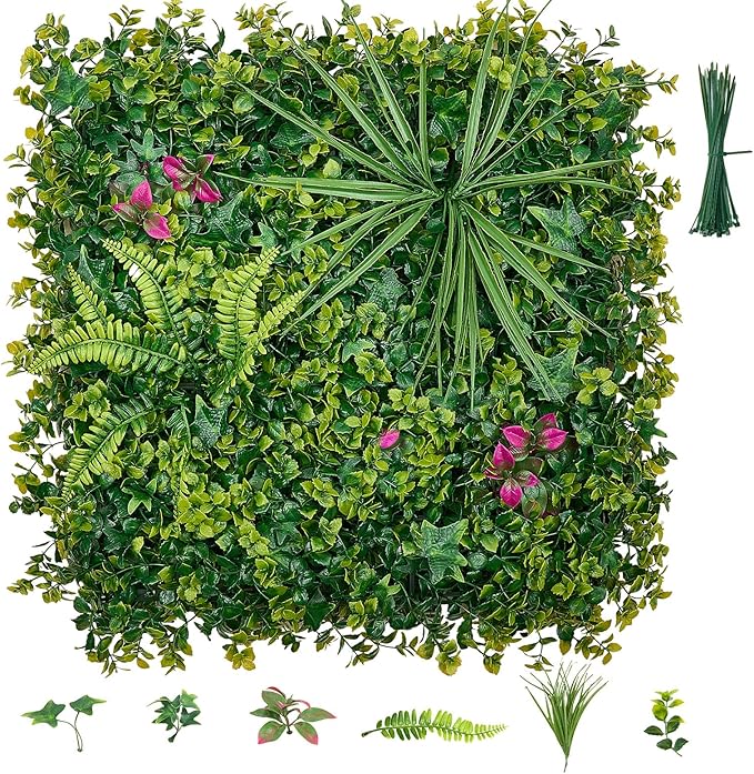 VEVOR Artificial Plant Wall, 12PCS 20 x 20 in Artificial Boxwood Panels, Greenery Backdrop Privacy Hedge Fence with Sun Protection, Fake Grass Wall Screen for Wedding, Indoor, Garden，Mixed Leaf