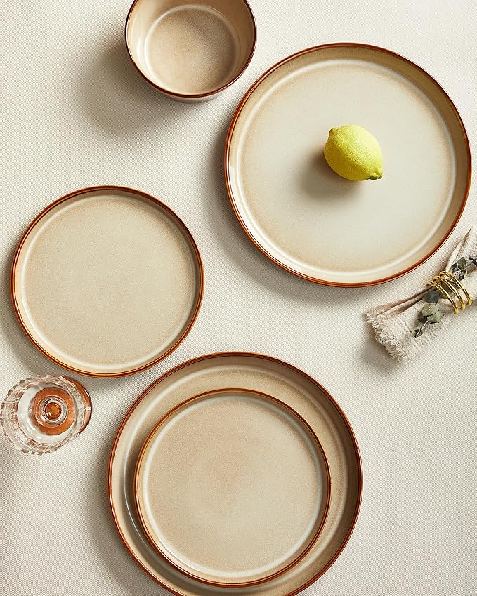Pokini Dinnerware Set for 6, Ceramic Dish Sets, Plate and Bowl Set, Microwave & Dishwasher Safe Dishware Set, Chip & Scratch Resistant Dinner Set, Each Piece Unique, Amber Brown