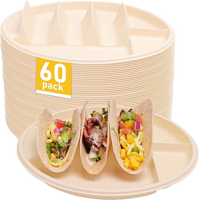 LUVCOSY 10'' Large Disposable Taco Plates, 3-Taco & 4-Sides, Biodegradable Cornstarch Taco Holder, Big Size Fit Soft & Hard Tortilla, Sturdy & Microwave Safe, Bar Serving Set For A Party- 60 Pack