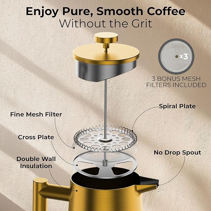 French Press Coffee Maker, Stainless Steel French Press, 34 Oz / 1L, Large Insulated Double Wall Coffee Maker with 3 Extra Mesh Filters, Satin Finish, Gold