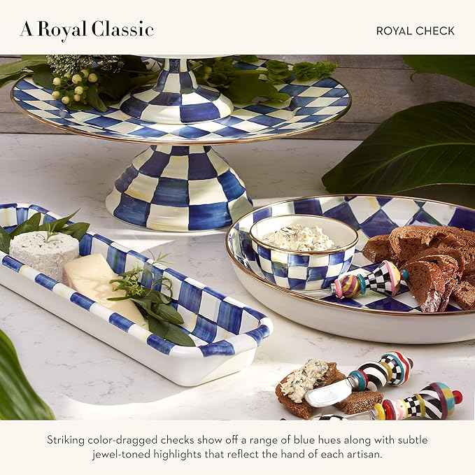 MACKENZIE-CHILDS Enamel Abundant Bowl, Decorative or Serving Bowl, 13-Cup Capacity, Blue-and-White Royal Check
