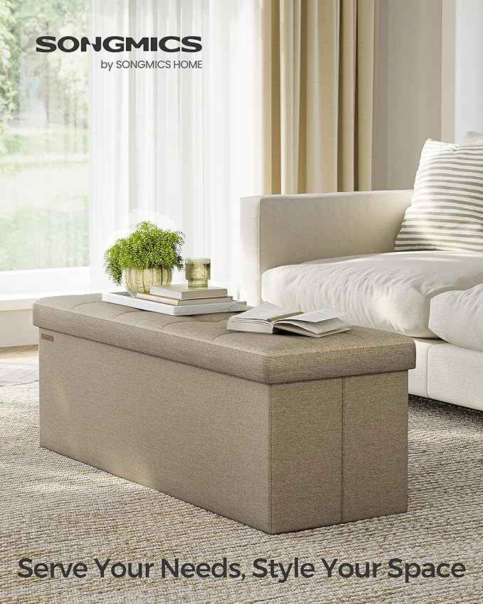 SONGMICS MAZIE Collection - 43 Inches Folding Storage Ottoman Bench, Ottoman Foot Rest, End of Bed Bench, Storage Chest, Load 660 lb, for Living Room, Bedroom, Entryway, Camel Brown ULSF077R01