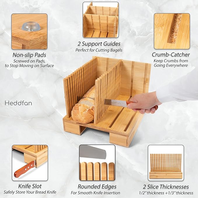 Bamboo Bread Slicer For Homemade Bread - Built-In Knife Slot, Crumb Catcher & Storage Compartment - Adjustable Extra Wide & High For Sourdough - Long 12” Knife Blade Included