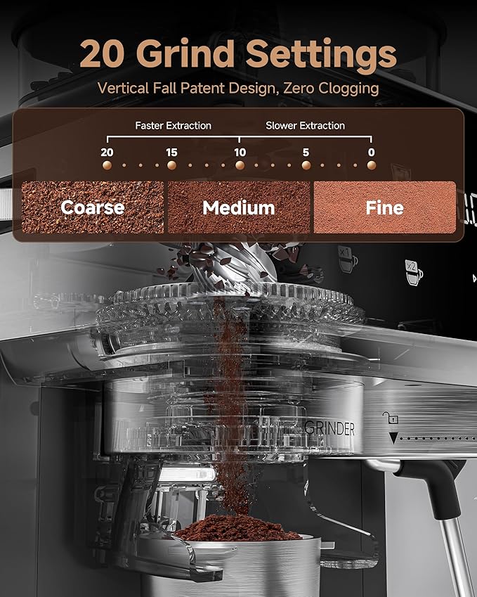 AMZCHEF Espresso Machine with Grinder, 3 Temp 197-205℉ Professional Espresso Machine, 3-10s Pre-Infusion, 20 Grind Settings, Latte Cappuccino Maker Home Barista, Black