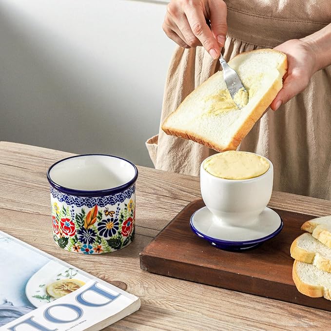 French Butter Crock with Lid for Countertop,Handpainted Floral Butter Keeper with Water Seal Line, Farmhouse Ceramic Butter Container Airtight for Soft Spreadable Butter,Housewarming Gifts