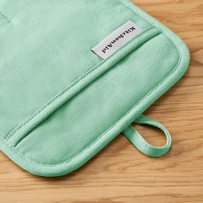KITCHENAID Gourmet Series Gridlines Pot Holders 2-Pack Set, Heat Resistant up to 600°F, Soft Silicone Grip, Magnetic Cuff, Color of The Year, Spearmint, 8"x8"