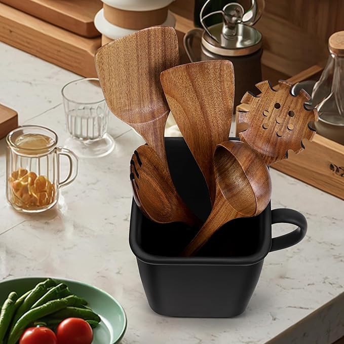 2026 Upgraded Vintage Kitchen Utensil Holder - Ceramic Utensil Crock Large Capacity Anti-tip, Modern Countertop Organizer for Farmhouse/Rustic/Contemporary Kitchen Decor(Matte Black)