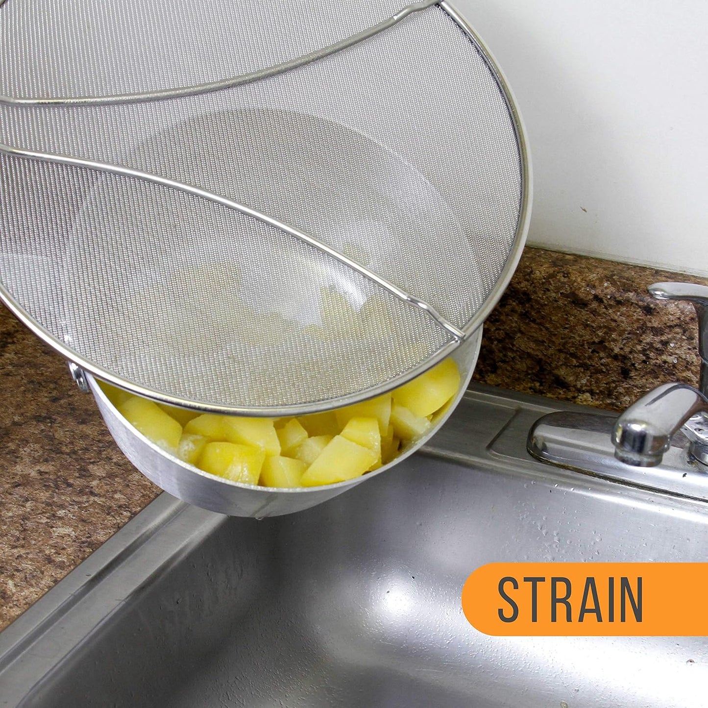 U.S. Kitchen Supply Stainless Steel Splatter Guard 13" Fine Mesh Cover, Grease & Oil, Splatter Screen for Frying Pan, Cooking Pots, with Resting Feet & Comfort Grip Handle