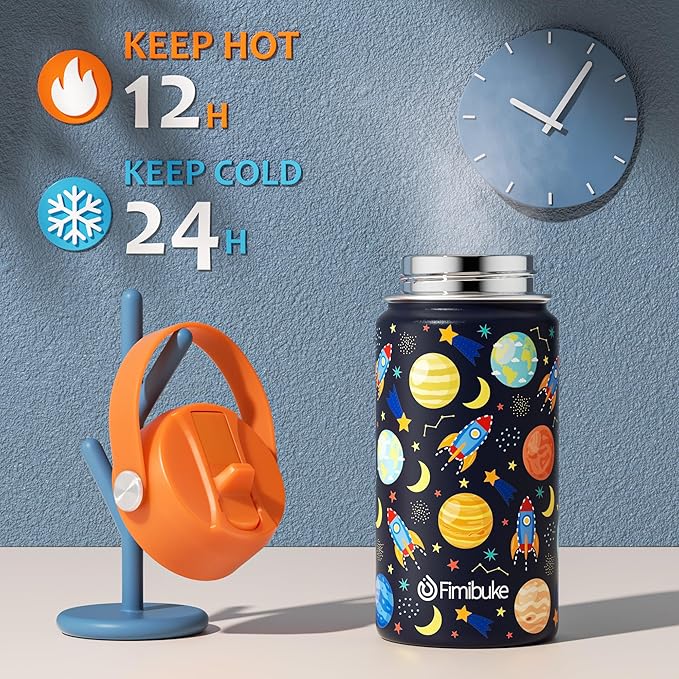 Fimibuke Kids Insulated Water Bottle, 14oz BPA FREE 18/8 Stainless Steel Travel Tumbler Double Wall Vacuum Leak Proof Kids Cup with Straw Metal Water Bottle for School Boys Girls(1 Pack, Space)