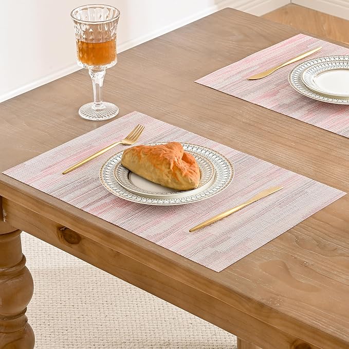 Leetaltree Misty Rose Placemats Set of 8 - Heat Resistant Non-Slip Place mats for Dining Table, Washable Durable PVC Vinyl Woven Table Mats（Misty Rose, 8）