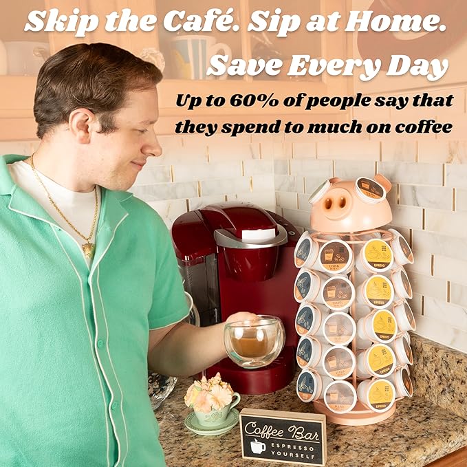 Made Easy Kit Carousel Coffee Pod Holder - Compatible with Keurig K-Pods K-Cups - Countertop 360 Spin Rack Storage Organizer - Revolving Base - Capsule Café Station Bar (Pig Pink, Small)