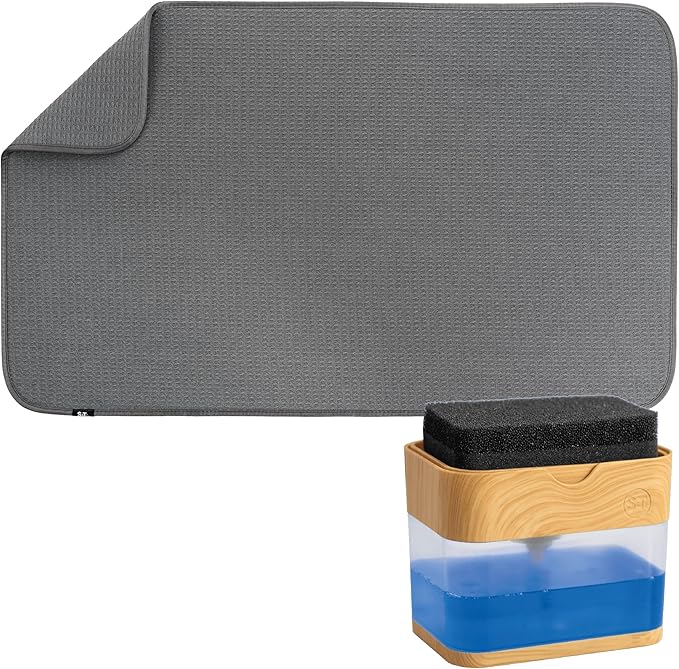 S&T INC. Dish Drying Mat 18" x 30" Charcoal and Dish Soap Dispenser Bamboo Bundle