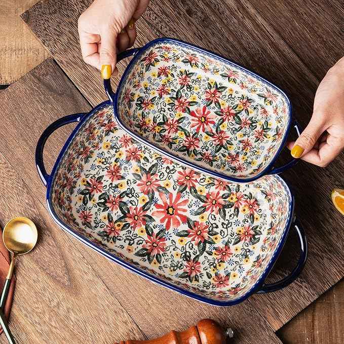 Baking Dish Ceramic Baking Pan Blue Casserole Dish Rectangular Baking Set 2pcs Bakeware Sets Single Serving Size Lasagna Pan Baking Dishes for oven (Exotic Daisy)
