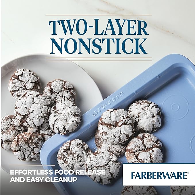 Farberware Easy Solutions Nonstick Baking Set, Includes Cookie Pans, Loaf Pan, and Cake Pan with Portion Marks, 4 Piece, Non Stick Bakeware Set - Blue