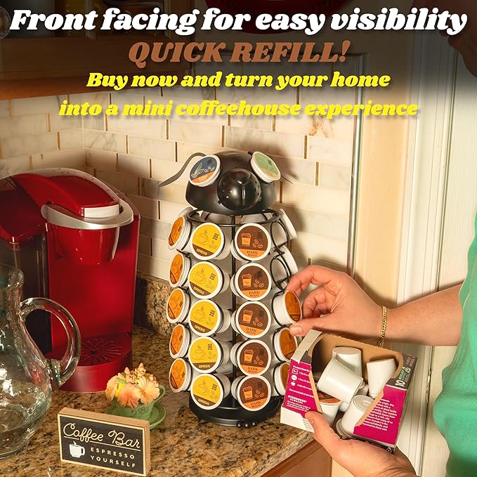Made Easy Kit Carousel Coffee Pod Holder, Compatible with Keurig K-Pods K-Cups, Countertop Rack Storage Organizer, Metal Home and Kitchen Decor, Capsule Café Station Bar (Large, Black Dog)