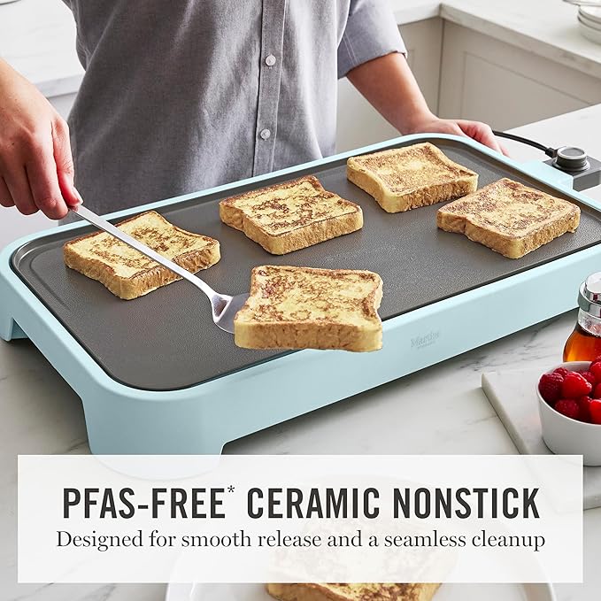 Martha Stewart 12” x 22” Electric Griddle, XL Ceramic Nonstick Flat Top Cooking Surface, Adjustable Temperature Dial, Drip Tray, Dishwasher Safe, 1500W Fast Even Heating, Pancakes & Eggs, Sky Blue