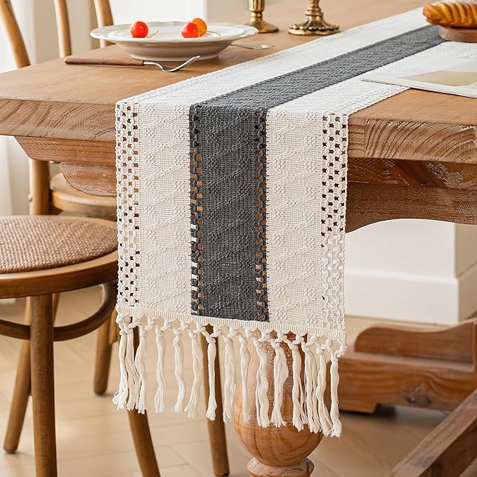 FEXIA Boho Table Runner for Home Decor with Tassels 48 Inches Long,Grey Farmhouse Rustic Table Runner Macrame Burlap Table Decoration for Living Room Bridal Shower(12x48 Inches)