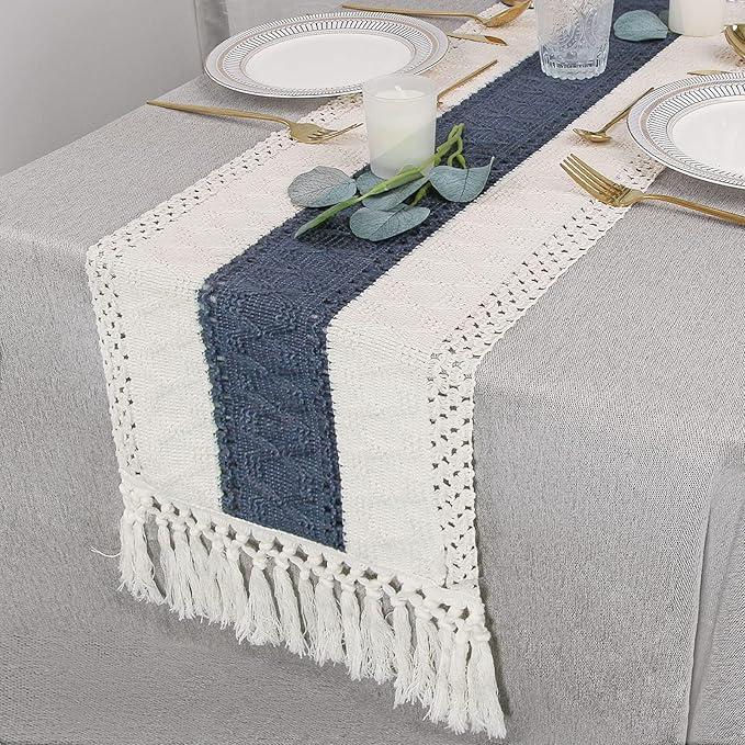 FEXIA Boho Blue Table Runner 72 Inches Long with Tassels Macrame Farmhouse Style Party Rustic Wedding Baby Bridal Shower Dining Decor (12x72 Inches)