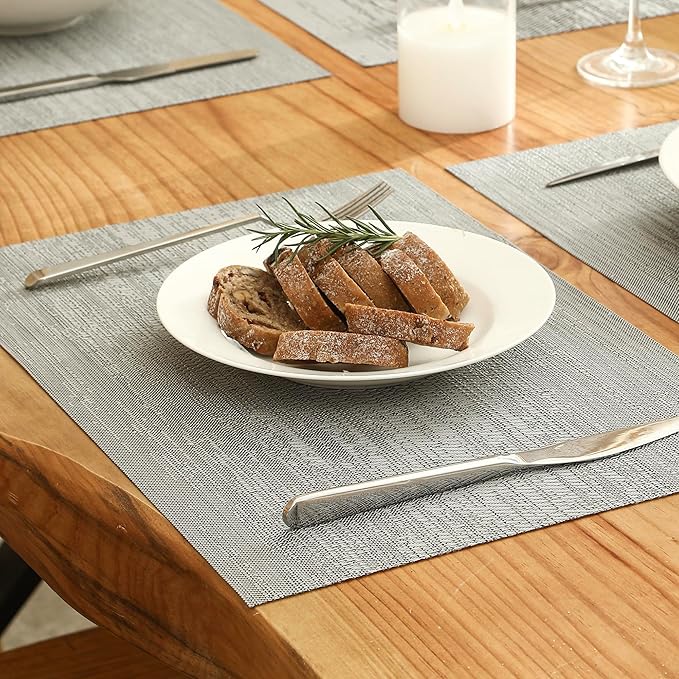 Leetaltree Grey Placemats, Heat Resistant Non-Slip Place mats for Dining Table, Washable Durable PVC Vinyl Woven Table Mats (Set of 12)