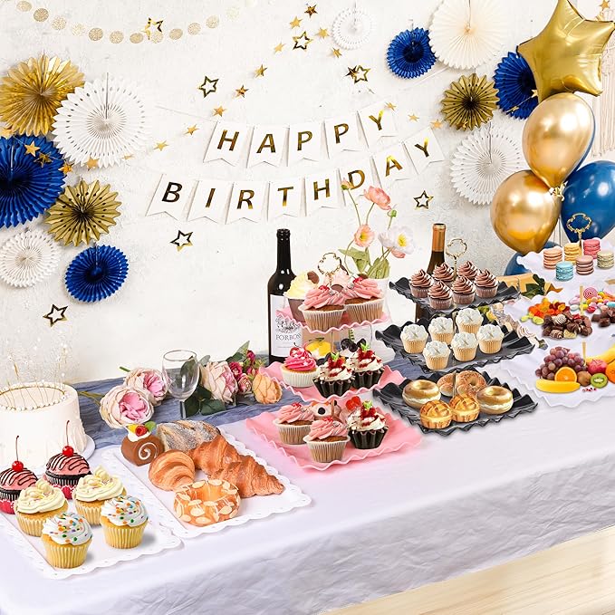 10 Pack Dessert Table Display Set - 4 x Three-Tier Square Cupcake Stands and 6 x Serving Trays, Elegant Tableware for Cakes, Cupcakes, Pastries, and Snacks, Perfect for Parties (Black)