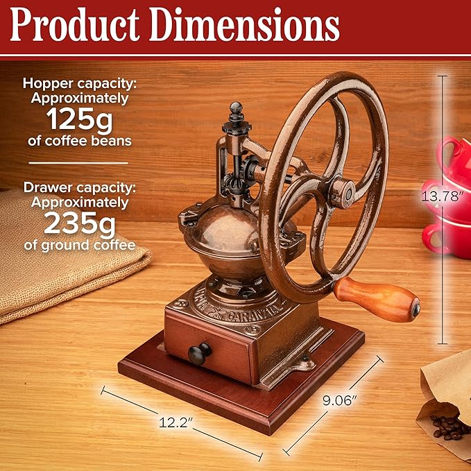 Manual Burr Coffee Grinder - Heavy Cast Iron Coffee Bean Burr Grinder with Adjustable Grind Settings, Hand Crank, and Vintage Design - Italian Made Espresso Accessories by Classic Cuisine (Copper)