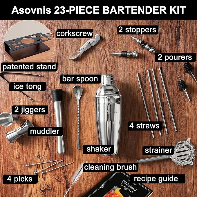 23-Piece Bartender Kit, Cocktail Shaker Set with Stand | Bar Set Drink Mixer Set with All Essential Bar Tools: Martini Shaker,Bar Mixer Spoon, Jigger, Strainer, Muddler, Pourers, for Home, Bar, Party