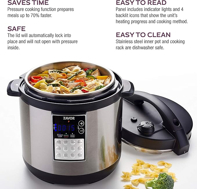 Zavor LUX Edge 6 Quart Programmable Electric Multi-Cooker: Pressure Cooker, Slow Cooker, Rice Cooker, Yogurt Maker, Steamer and more - Stainless Steel (ZSELE02)