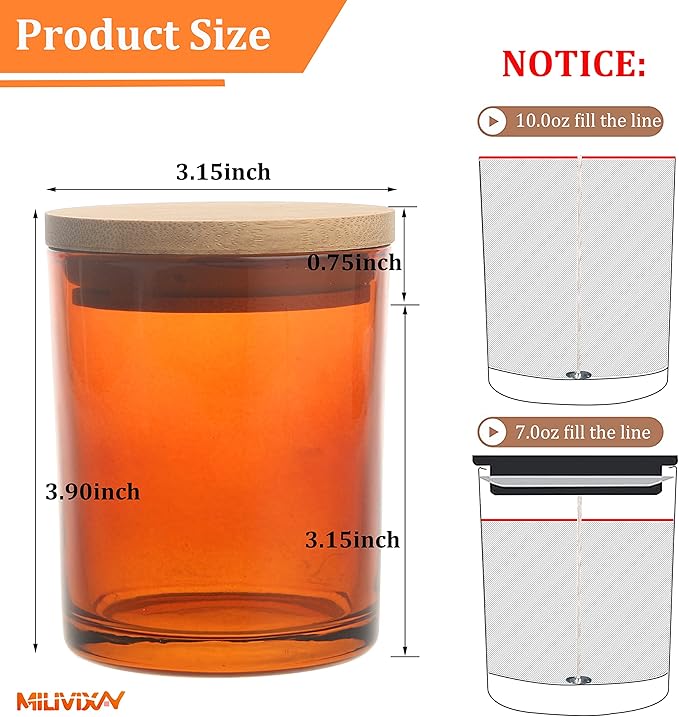 MILIVIXAY 12 pcs 10 OZ Amber Glass Candle Jars with Lids and Candle Making Kits - Bulk Empty Candle Jars for Making Candles - Spice, Powder Containers.