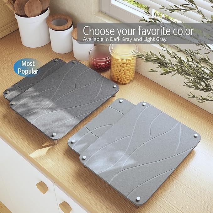 Nested Dish Drying Stone Mat with Bamboo Rack | 2 Pcs Diatomaceous Earth Stone Drying Mats for Kitchen Counter with Non-Slip Feet | Collapsible Large Drying Stone for Dishes (Dark Gray)